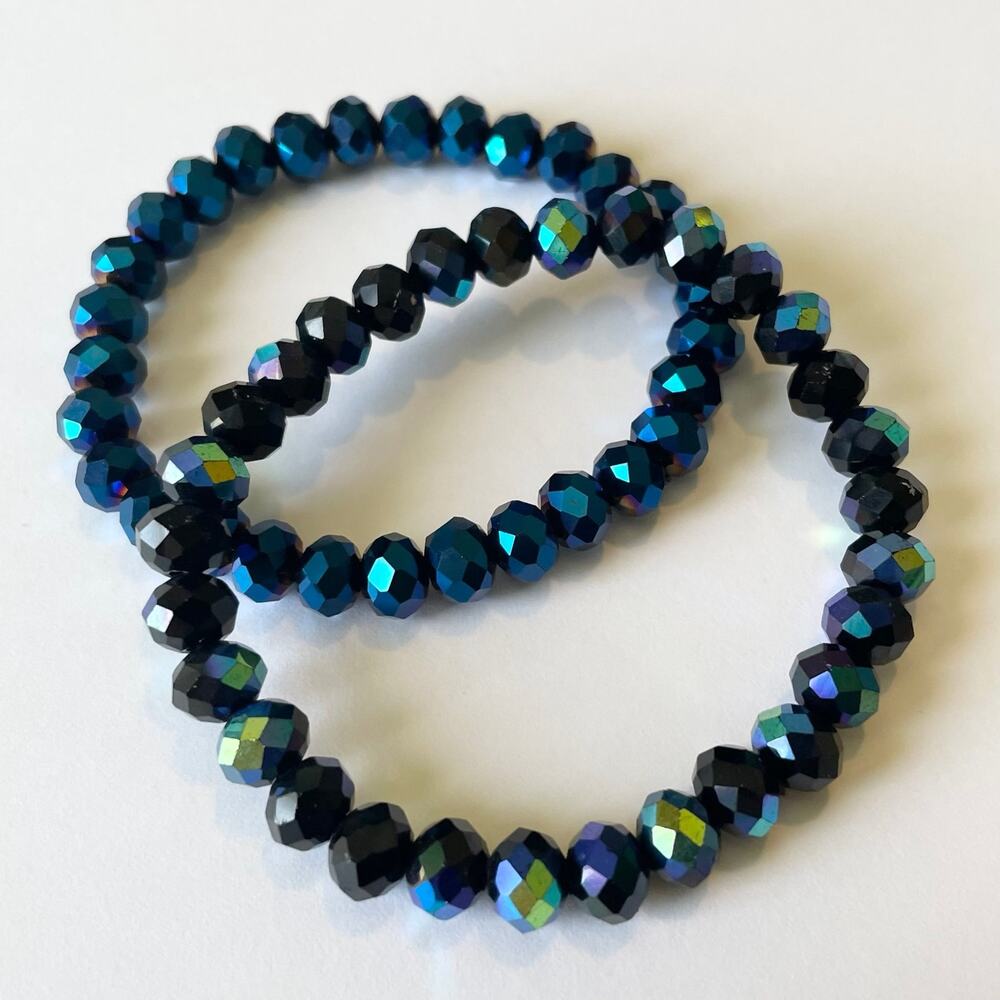 2 Piece Electroplated Faceted Austrian Crystal & Painted Glass Bracelet Set ~ 7”